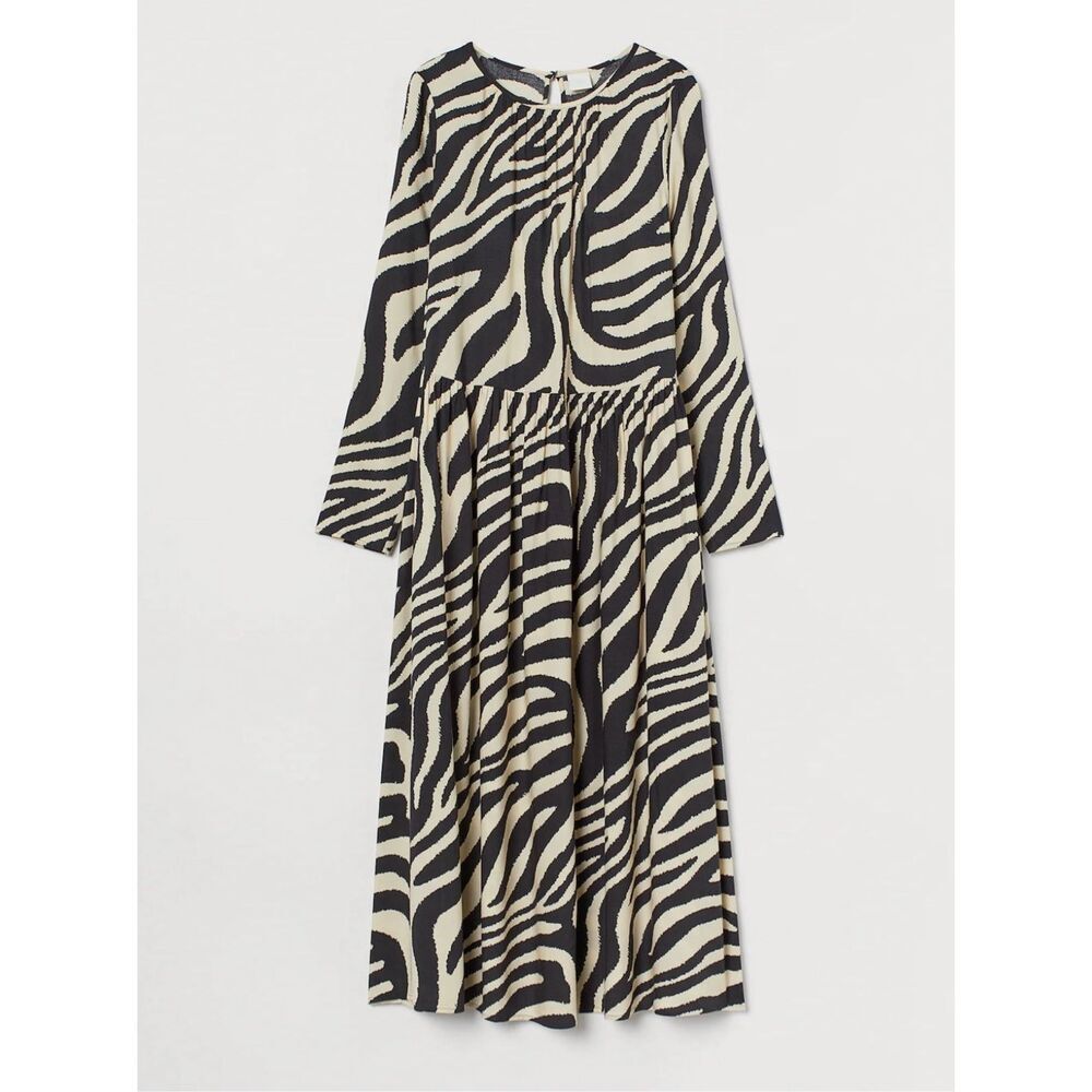 H&M Black White Zebra Print Pleated Long Sleeve Midi Dress Size Small